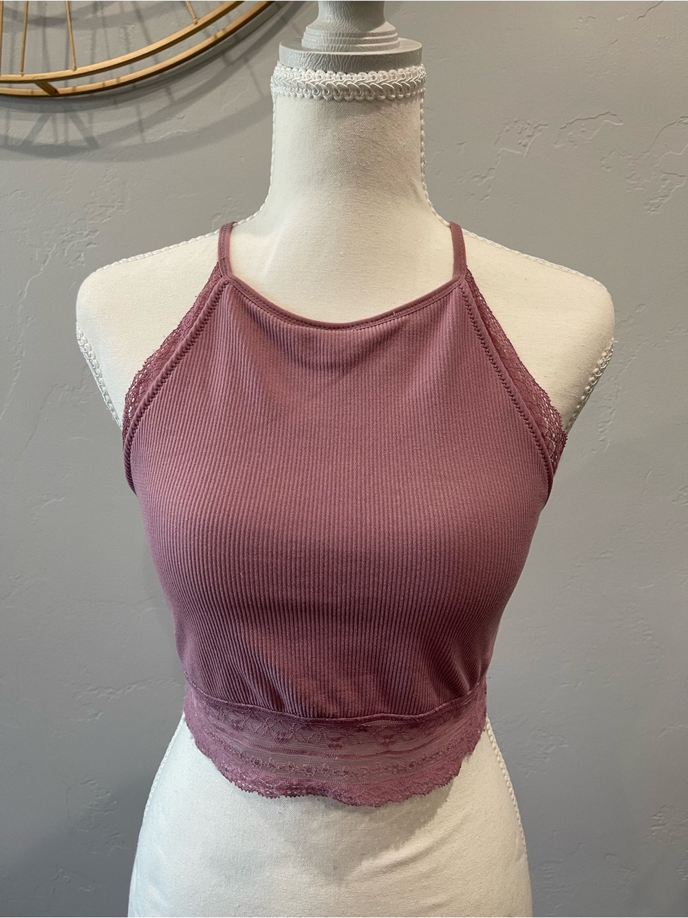 Essentials Pink Ribbed Lace-Trim Cropped Halter Tank
